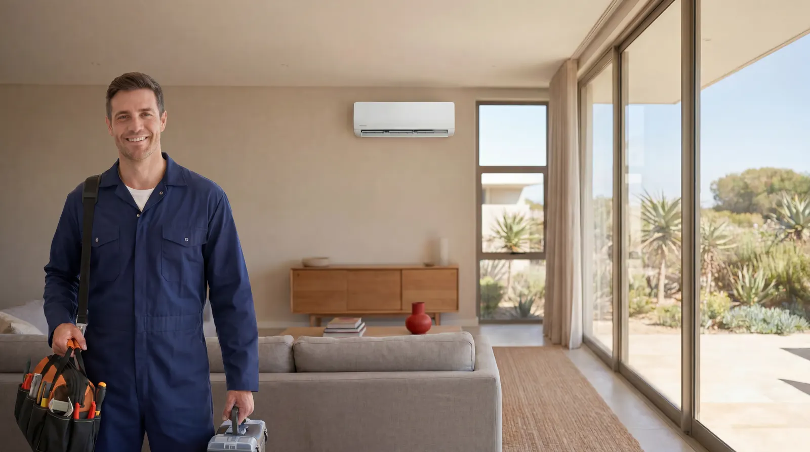 A Van Biljoens technician in a modern air-conditioned living room